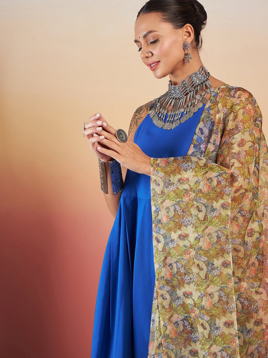 InWeave Ink Blue Strappy W Olive Liberty Print Organza Dupatta Set