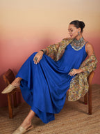 InWeave Ink Blue Strappy W Olive Liberty Print Organza Dupatta Set