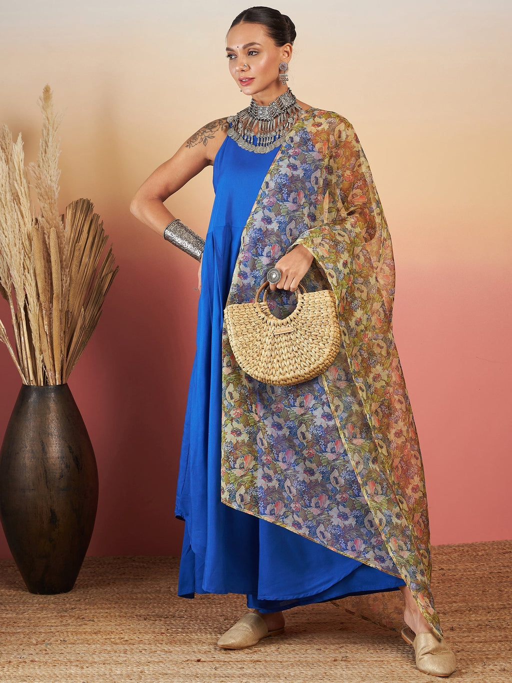 InWeave Ink Blue Strappy W Olive Liberty Print Organza Dupatta Set