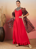 InWeave Red Strappy W Black Orange Floral Print Or Dupatta Set