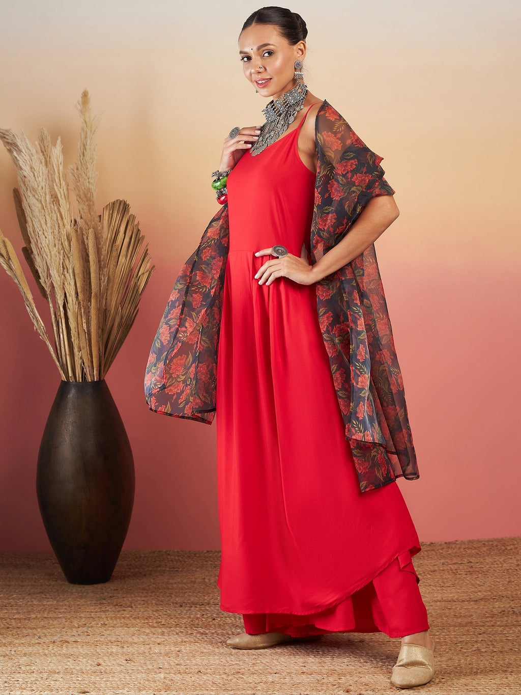 InWeave Red Strappy W Black Orange Floral Print Or Dupatta Set