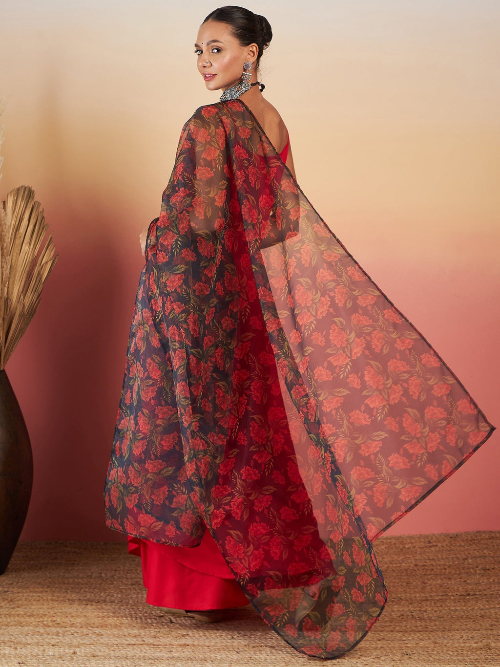 InWeave Red Strappy W Black Orange Floral Print Or Dupatta Set
