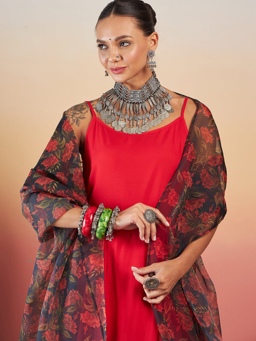 InWeave Red Strappy W Black Orange Floral Print Or Dupatta Set
