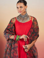 InWeave Red Strappy W Black Orange Floral Print Or Dupatta Set