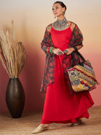 InWeave Red Strappy W Black Orange Floral Print Or Dupatta Set