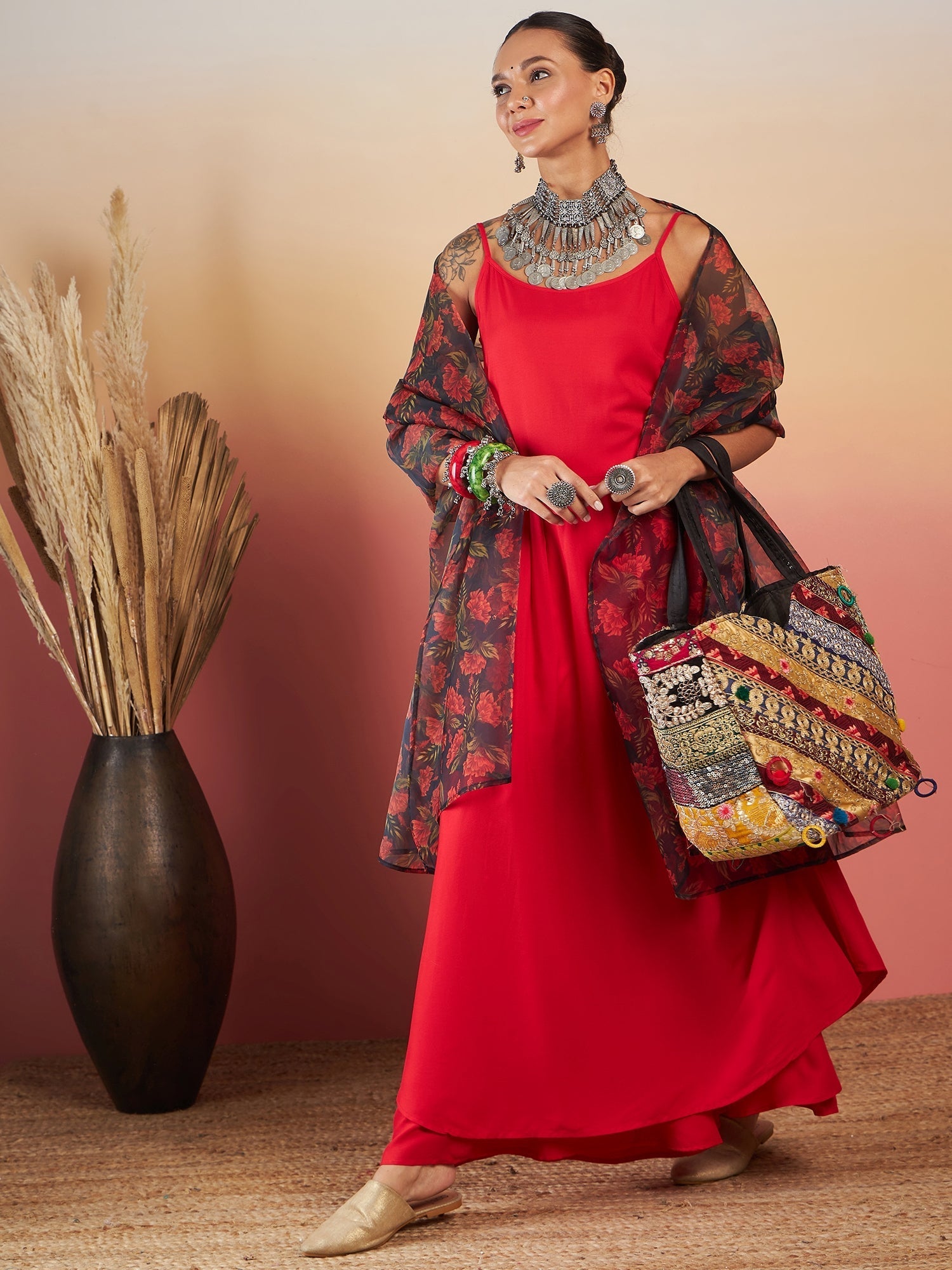 InWeave Red Strappy W Black Orange Floral Print Or Dupatta Set
