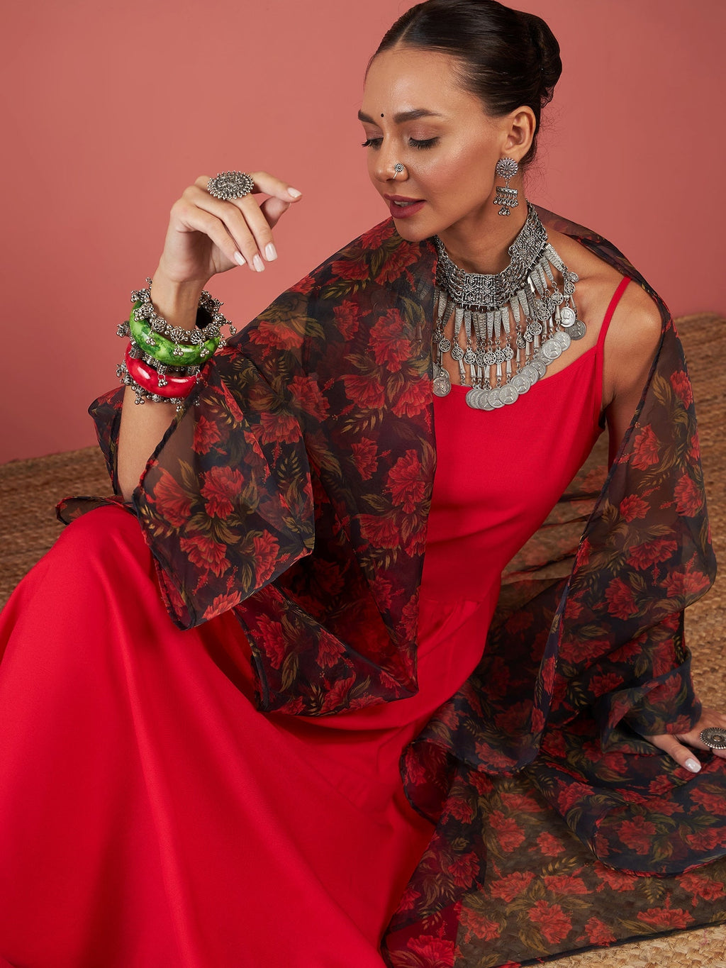 InWeave Red Strappy W Black Orange Floral Print Or Dupatta Set