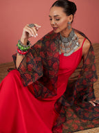 InWeave Red Strappy W Black Orange Floral Print Or Dupatta Set