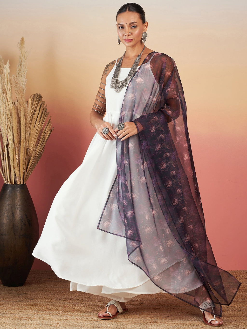 InWeave White Strappy W Black Dark Floral Print Or Dupatta Set