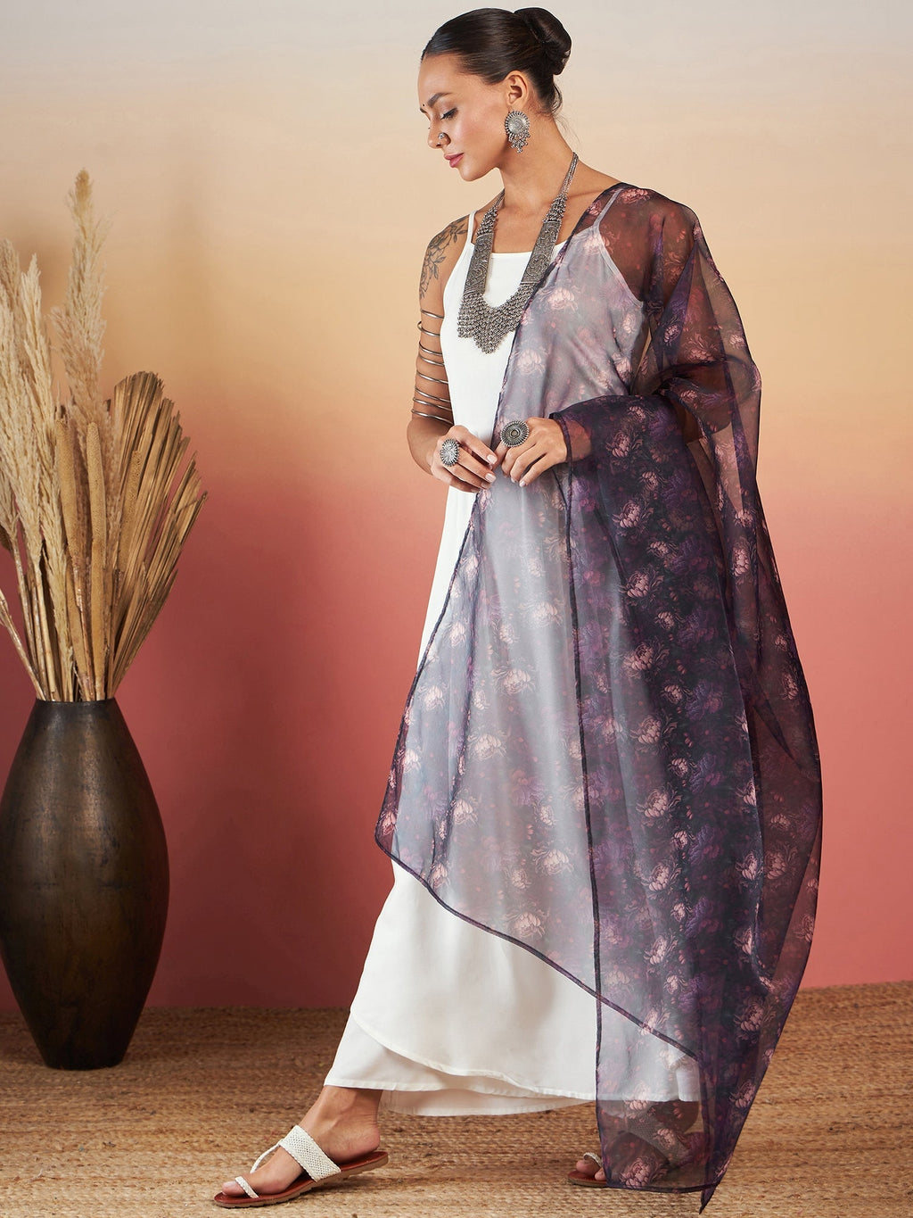 InWeave White Strappy W Black Dark Floral Print Or Dupatta Set