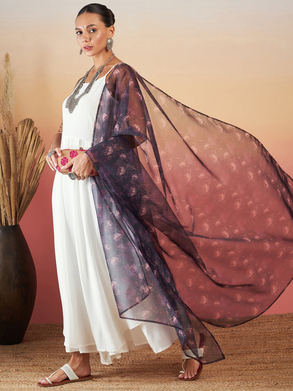 InWeave White Strappy W Black Dark Floral Print Or Dupatta Set