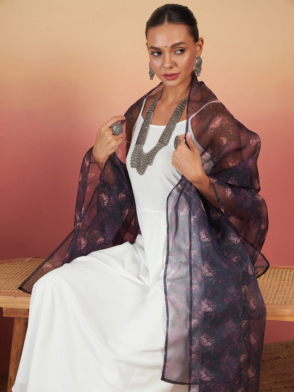 InWeave White Strappy W Black Dark Floral Print Or Dupatta Set