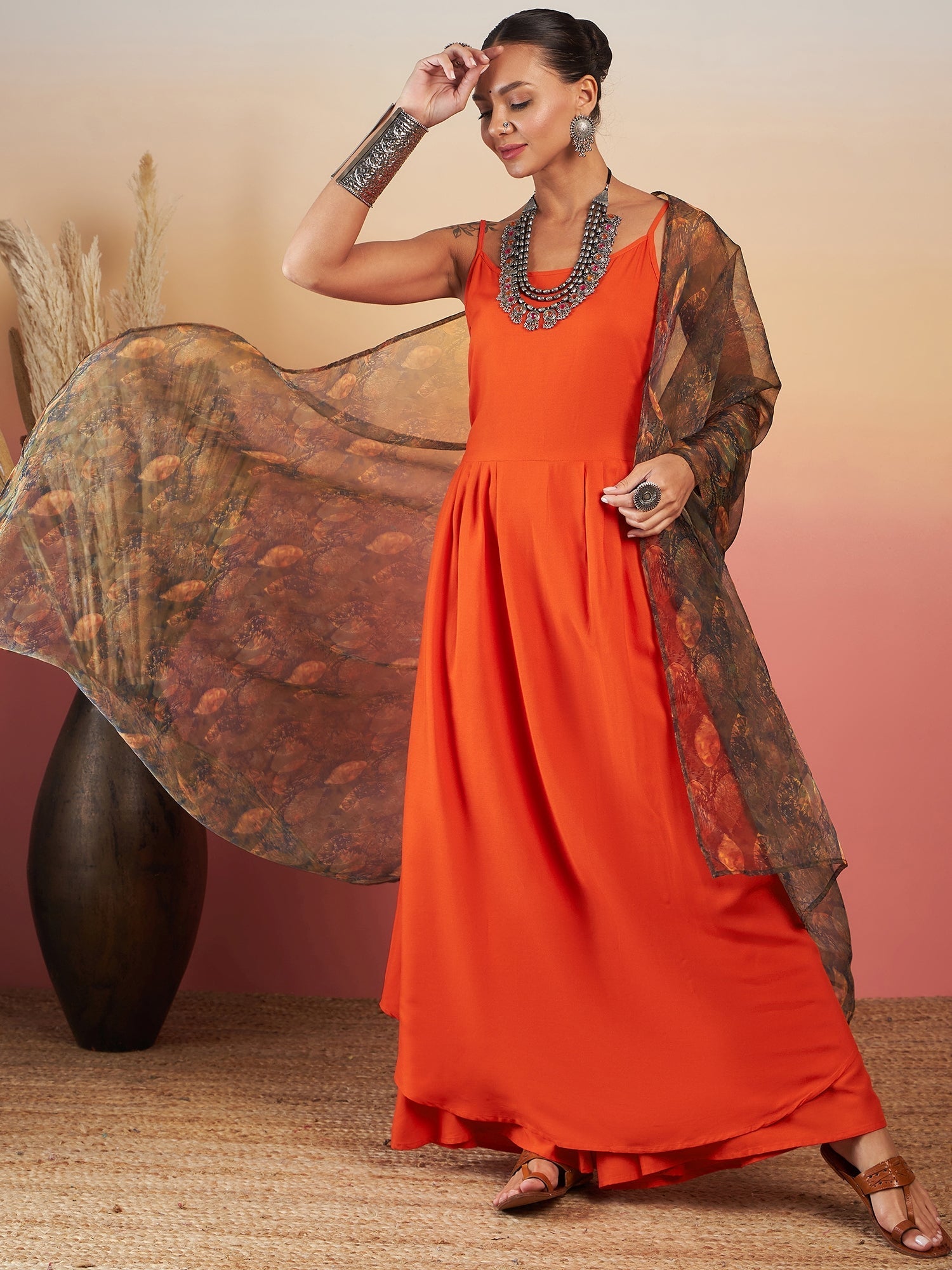InWeave Orange Strappy W Dark Brown Leaf Print Or Dupatta Set - Distacart