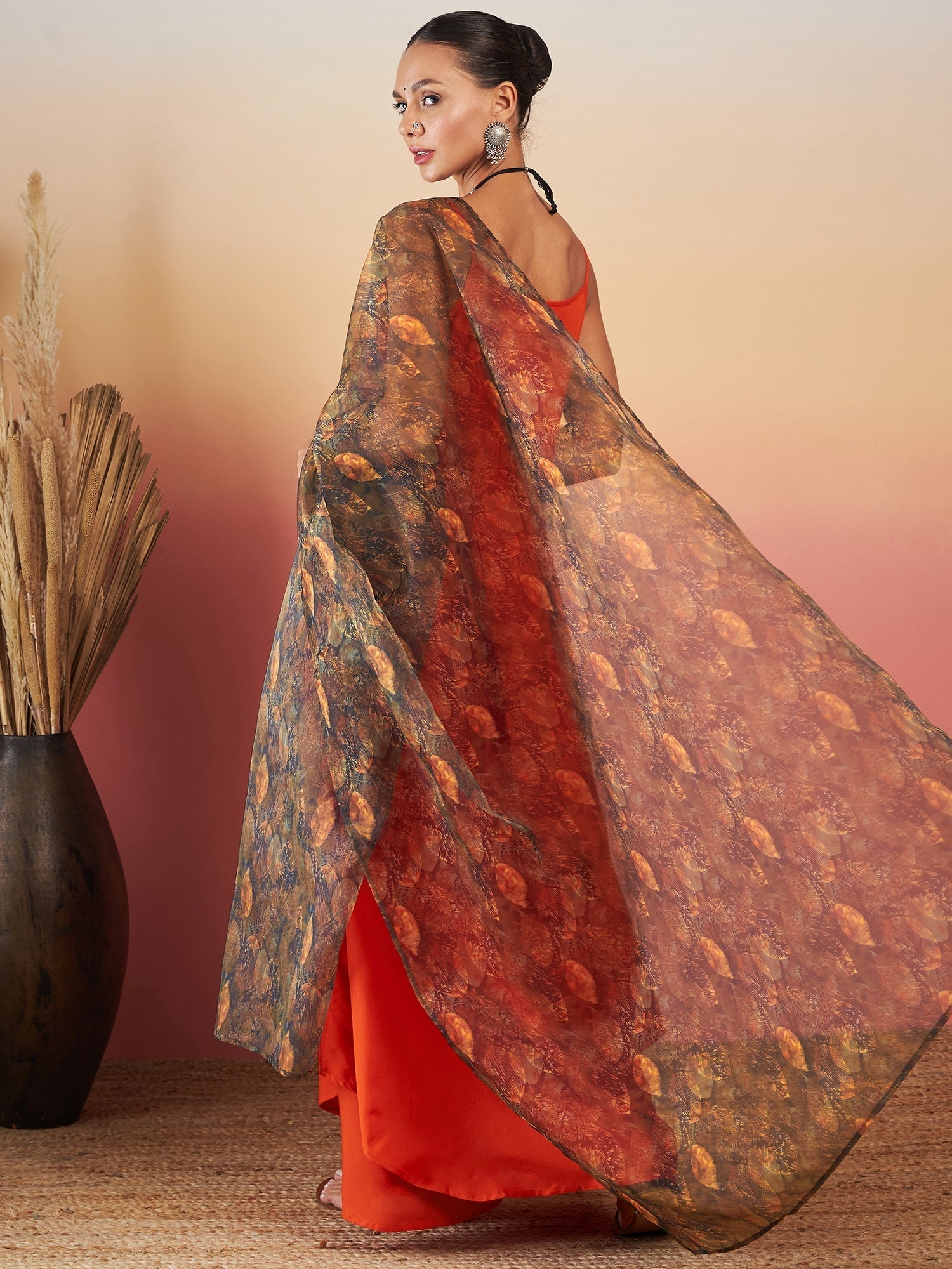 InWeave Orange Strappy W Dark Brown Leaf Print Or Dupatta Set - Distacart