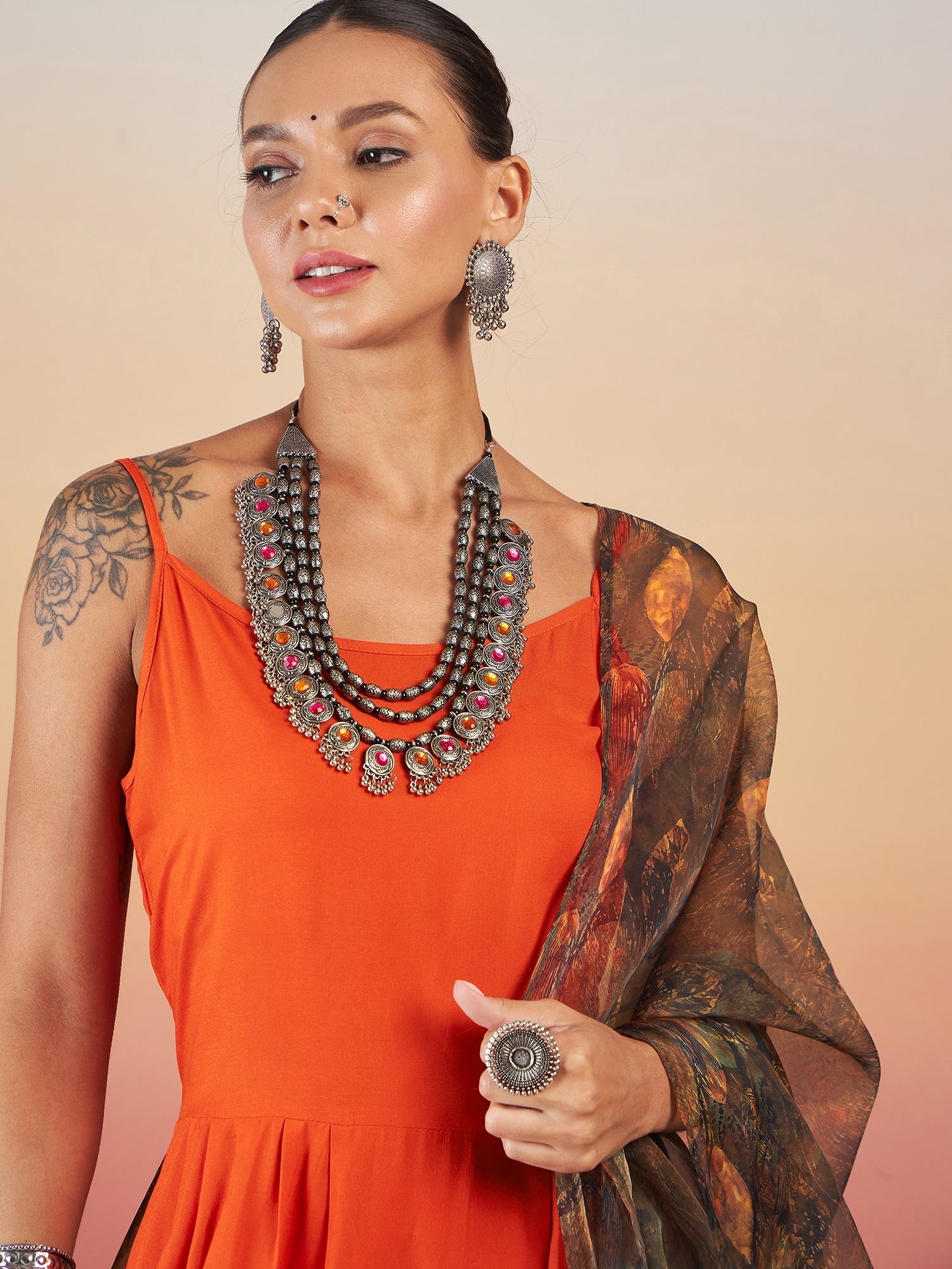 InWeave Orange Strappy W Dark Brown Leaf Print Or Dupatta Set - Distacart