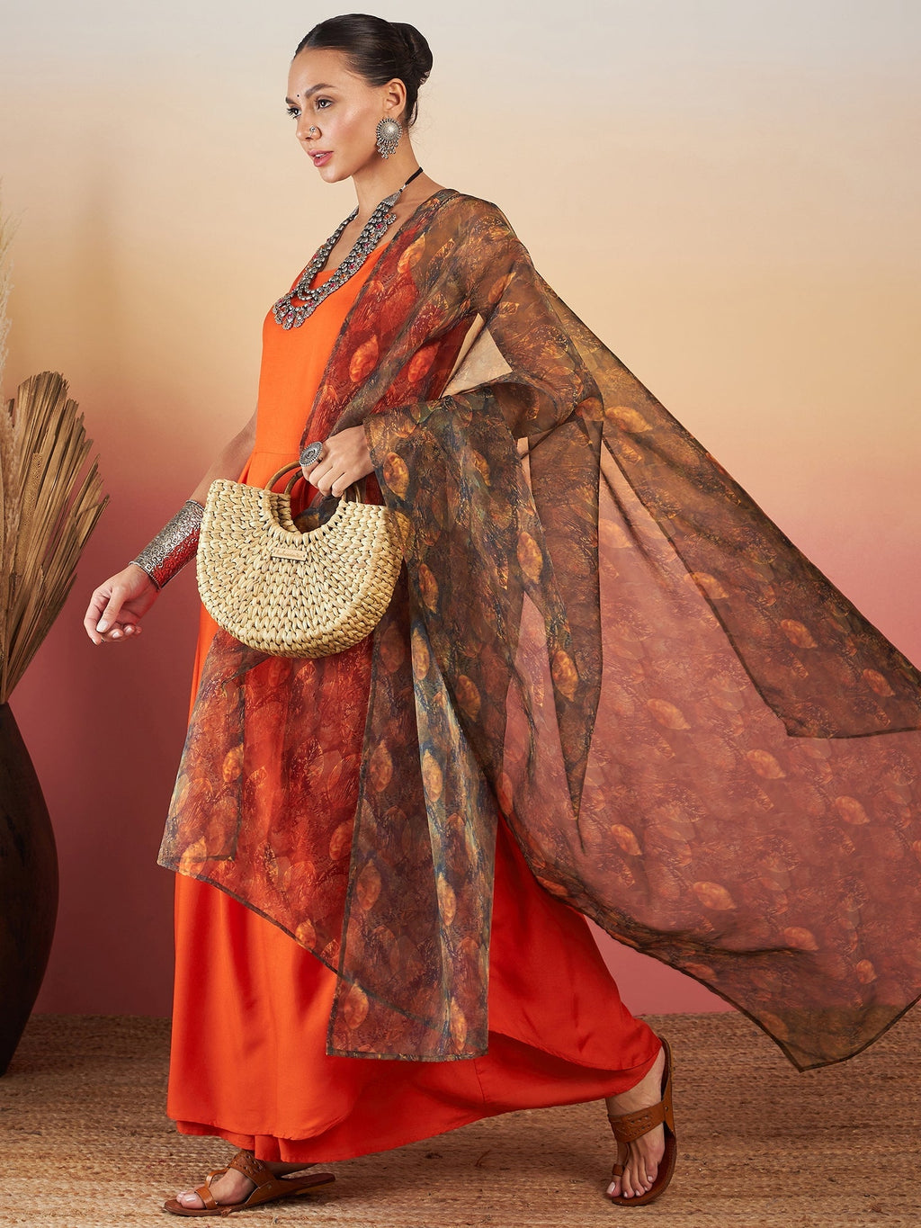 InWeave Orange Strappy W Dark Brown Leaf Print Or Dupatta Set - Distacart