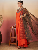 InWeave Orange Strappy W Dark Brown Leaf Print Or Dupatta Set - Distacart