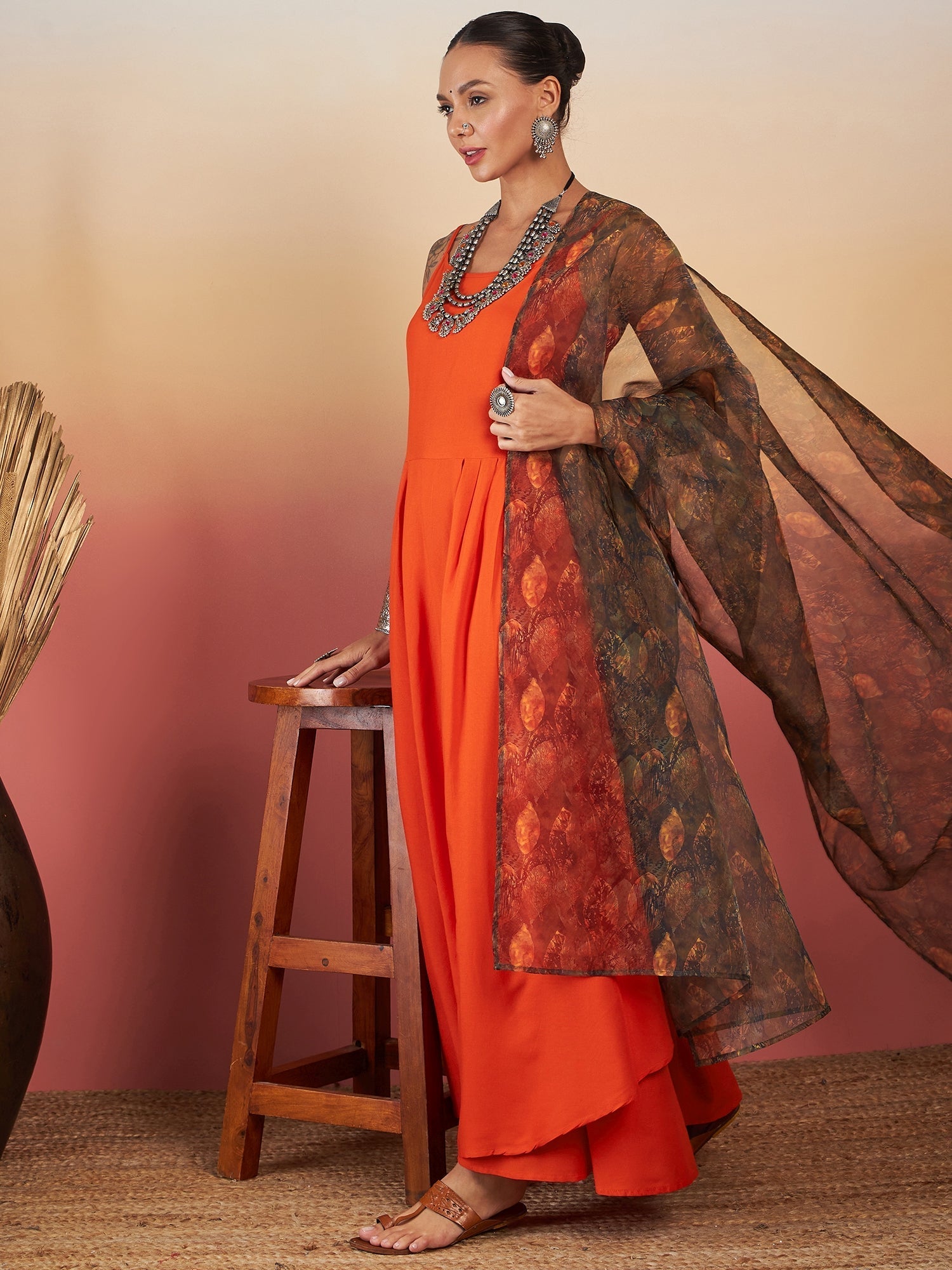 InWeave Orange Strappy W Dark Brown Leaf Print Or Dupatta Set - Distacart