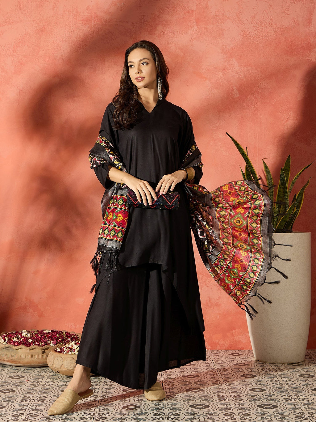InWeave Black Mandarin Patola Kurta Set