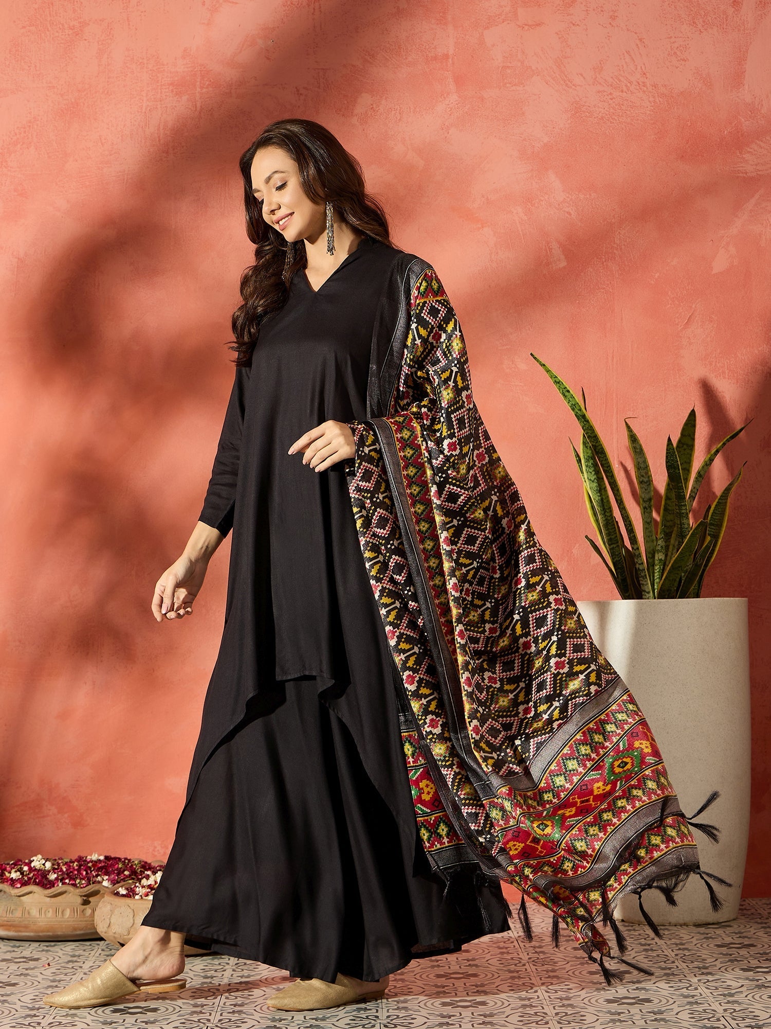 InWeave Black Mandarin Patola Kurta Set