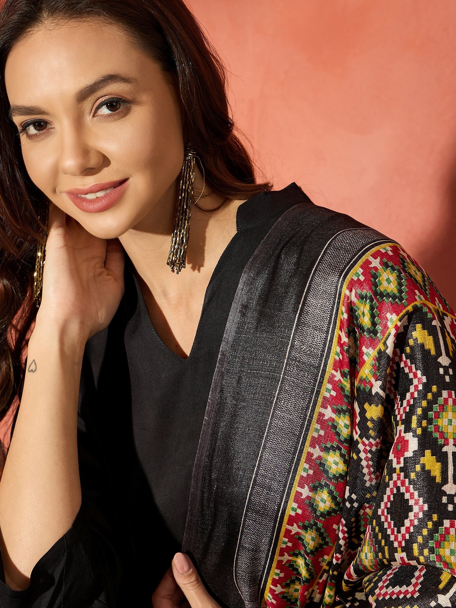 InWeave Black Mandarin Patola Kurta Set