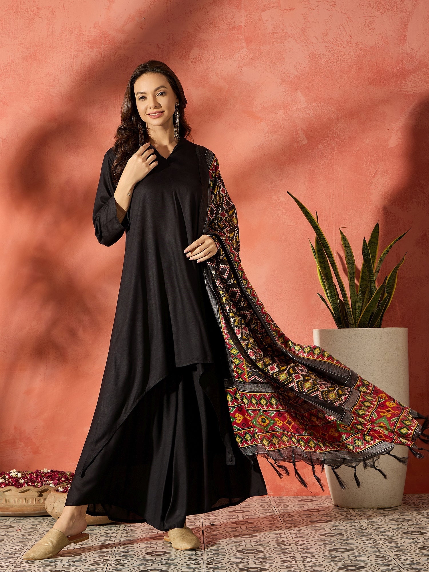 InWeave Black Mandarin Patola Kurta Set