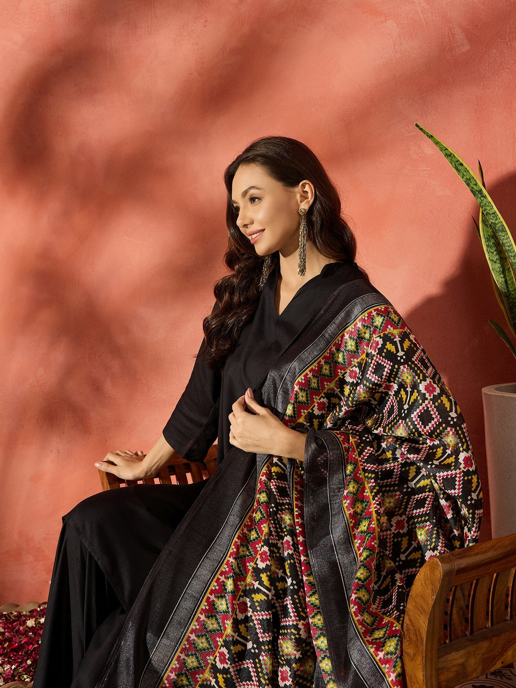 InWeave Black Mandarin Patola Kurta Set