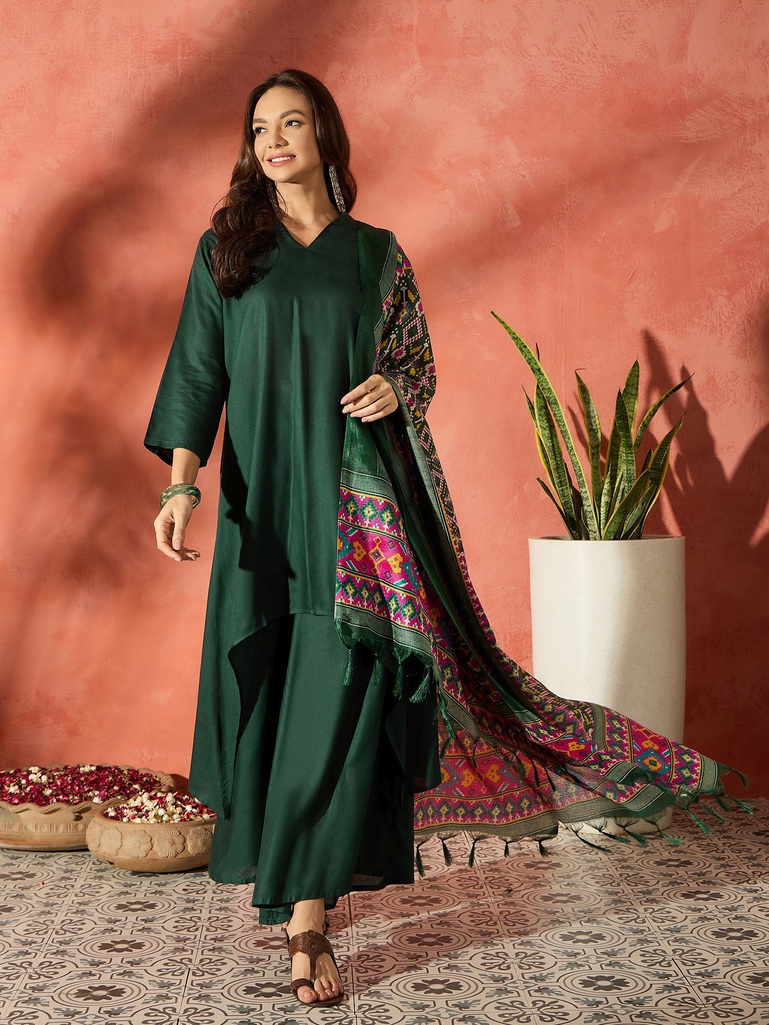 InWeave Dark Green Mandarin Patola Kurta Set