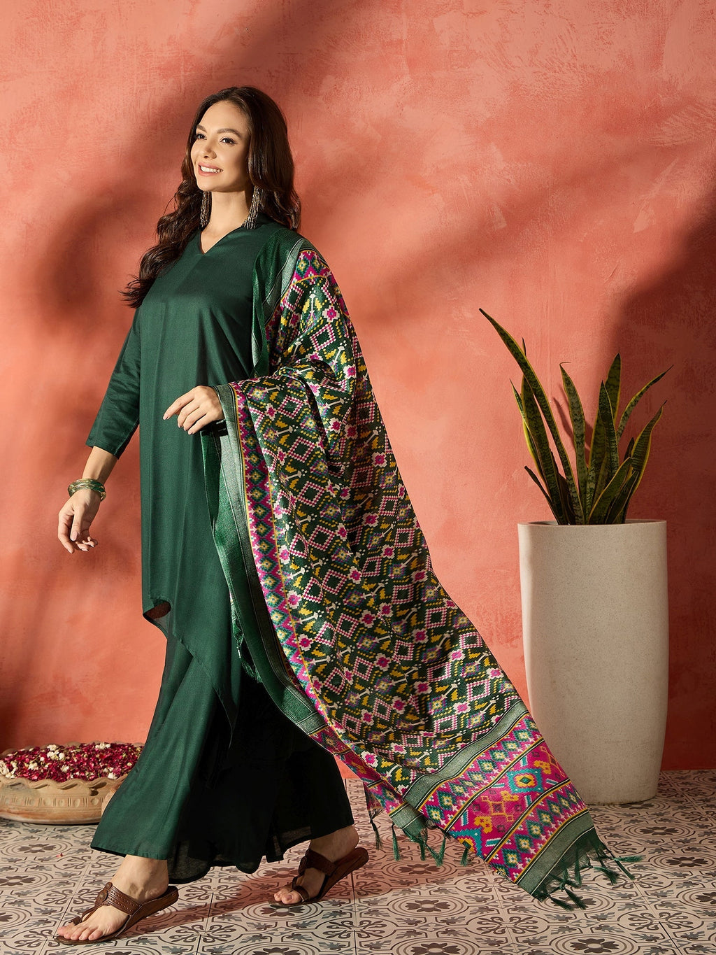 InWeave Dark Green Mandarin Patola Kurta Set