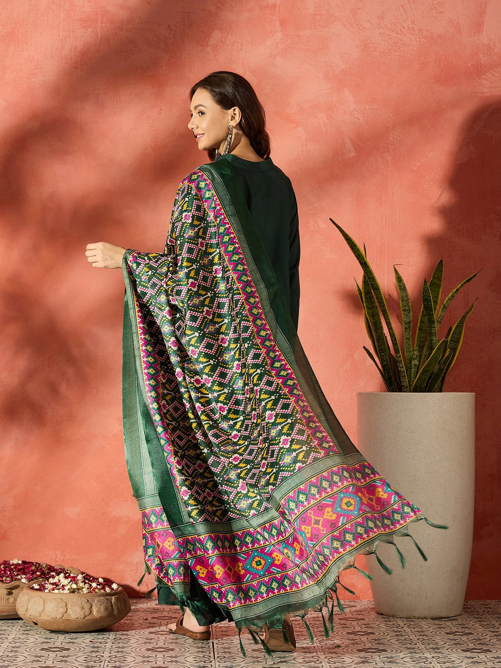 InWeave Dark Green Mandarin Patola Kurta Set