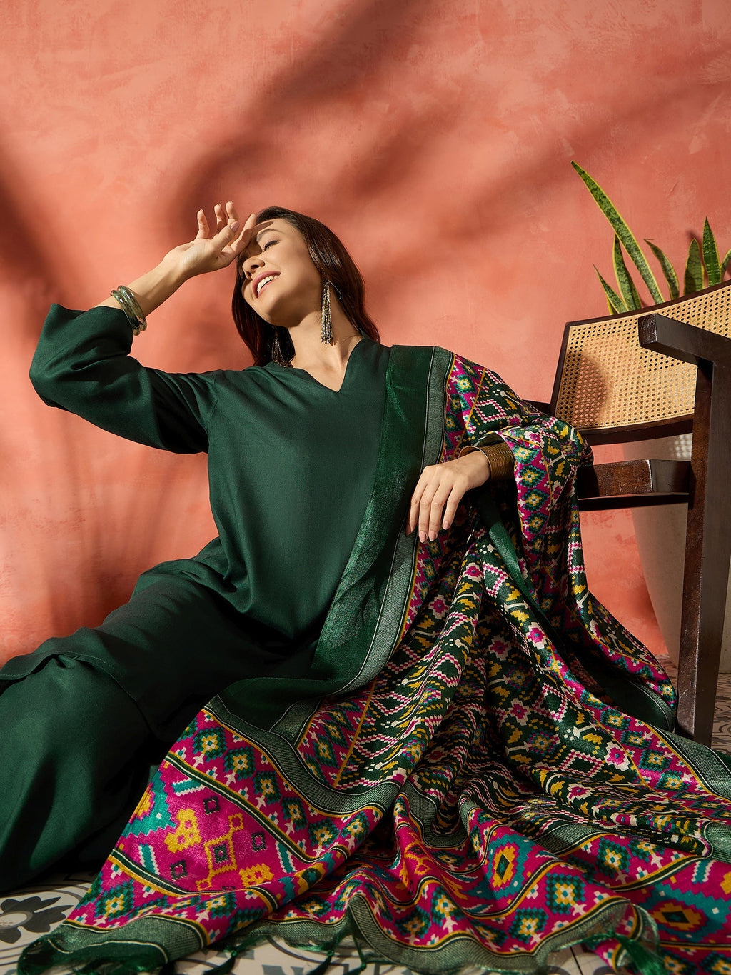 InWeave Dark Green Mandarin Patola Kurta Set