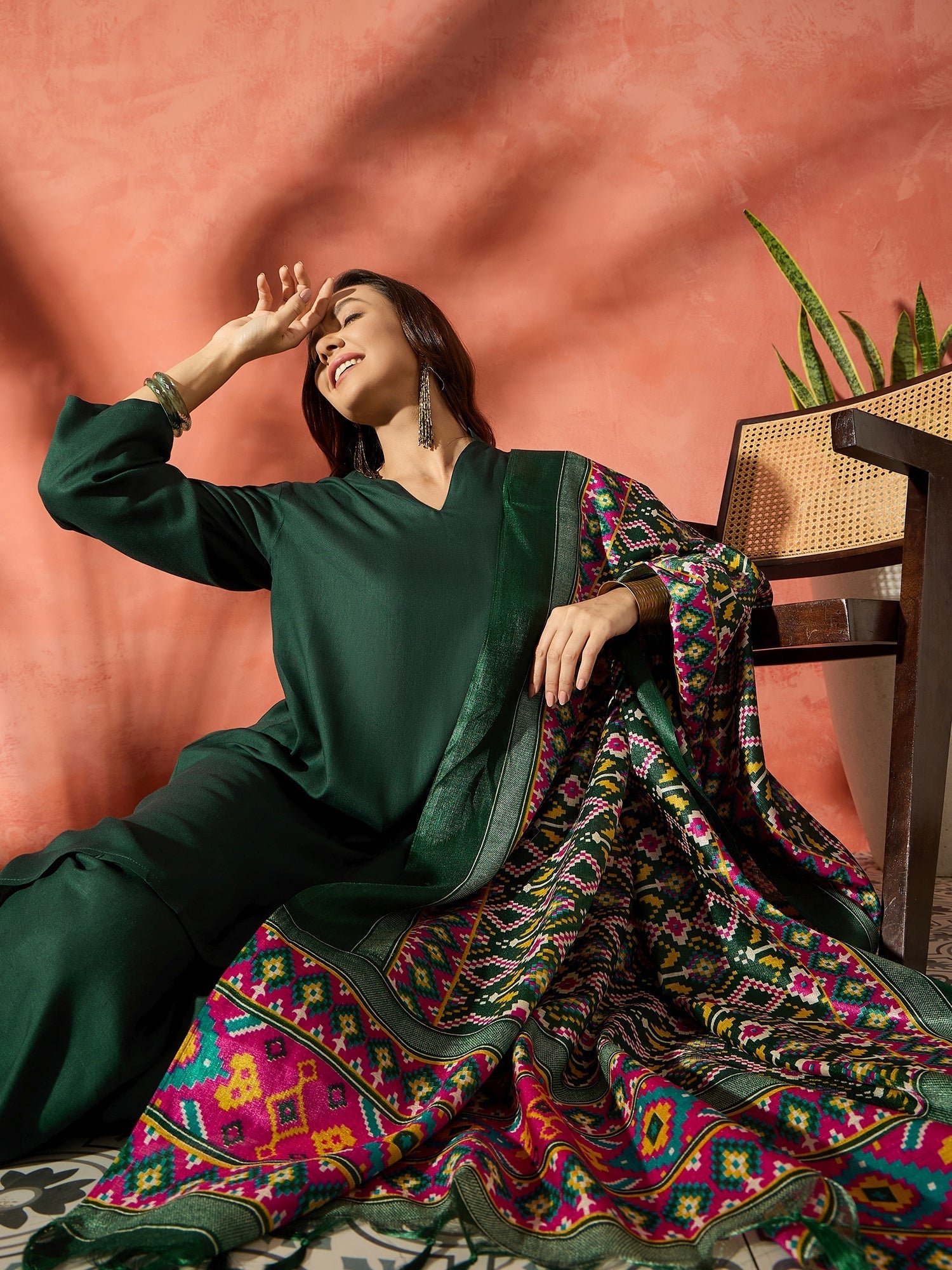 InWeave Dark Green Mandarin Patola Kurta Set