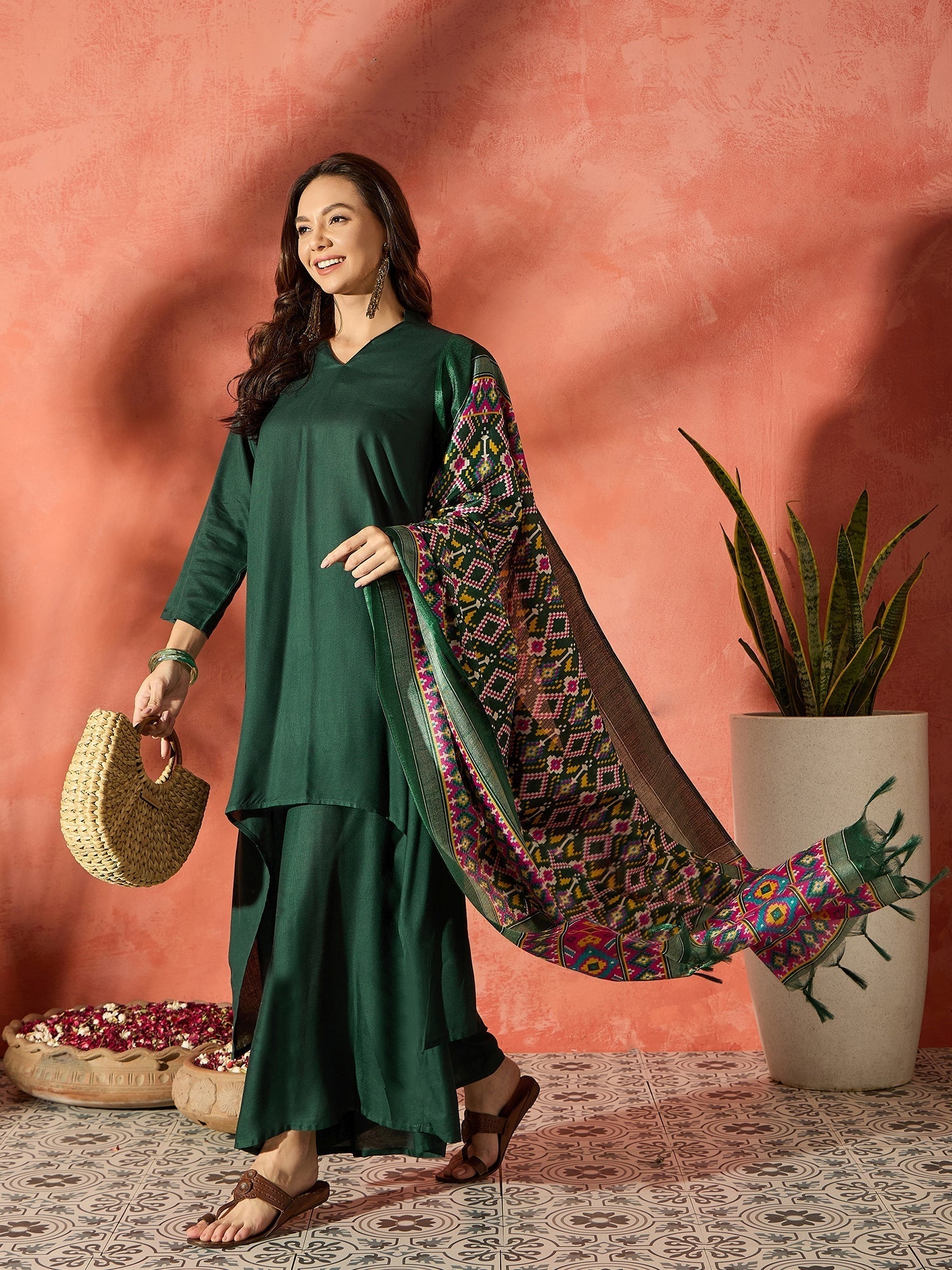 InWeave Dark Green Mandarin Patola Kurta Set