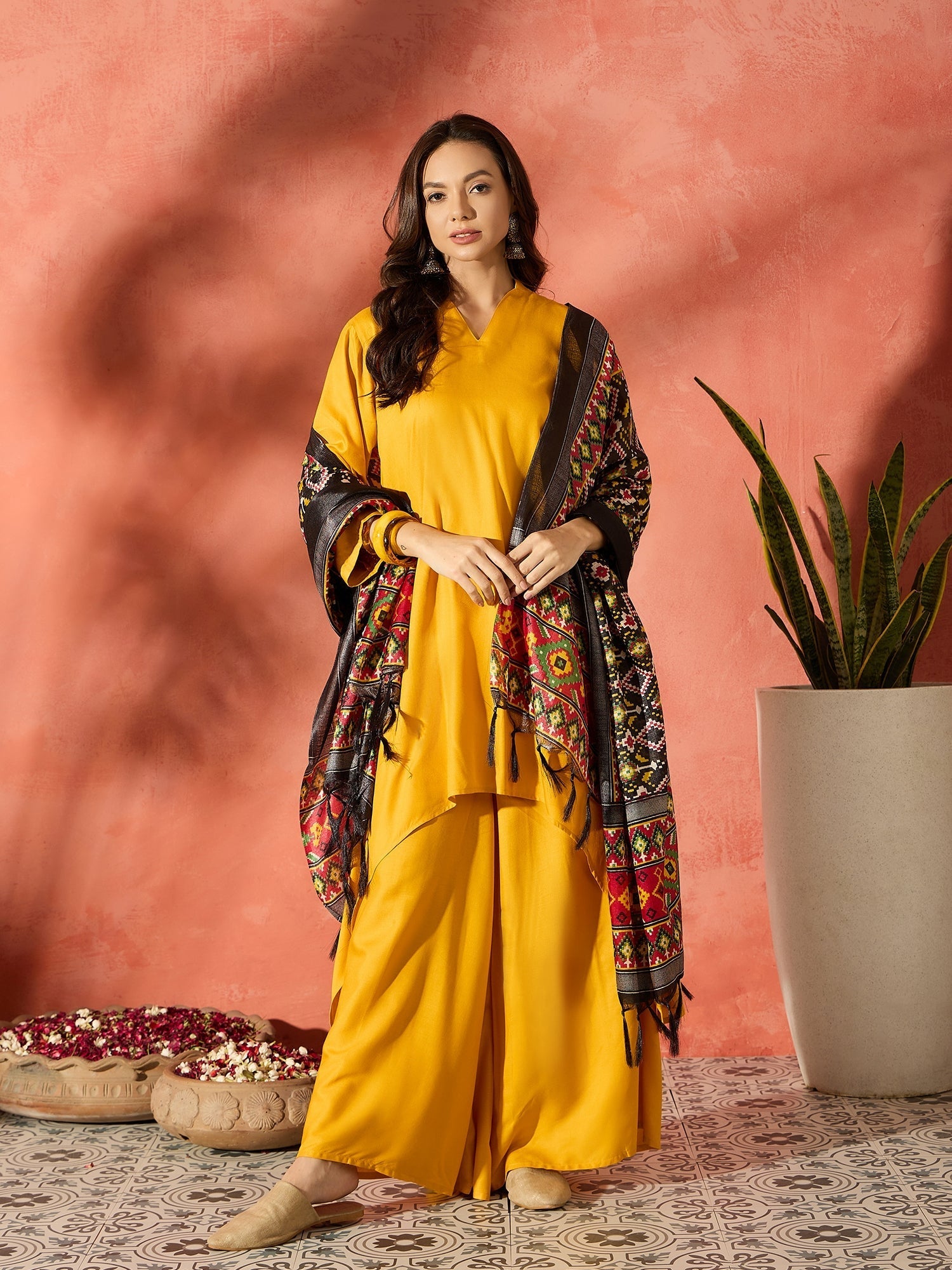 InWeave Mustard Mandarin Patola Kurta Set