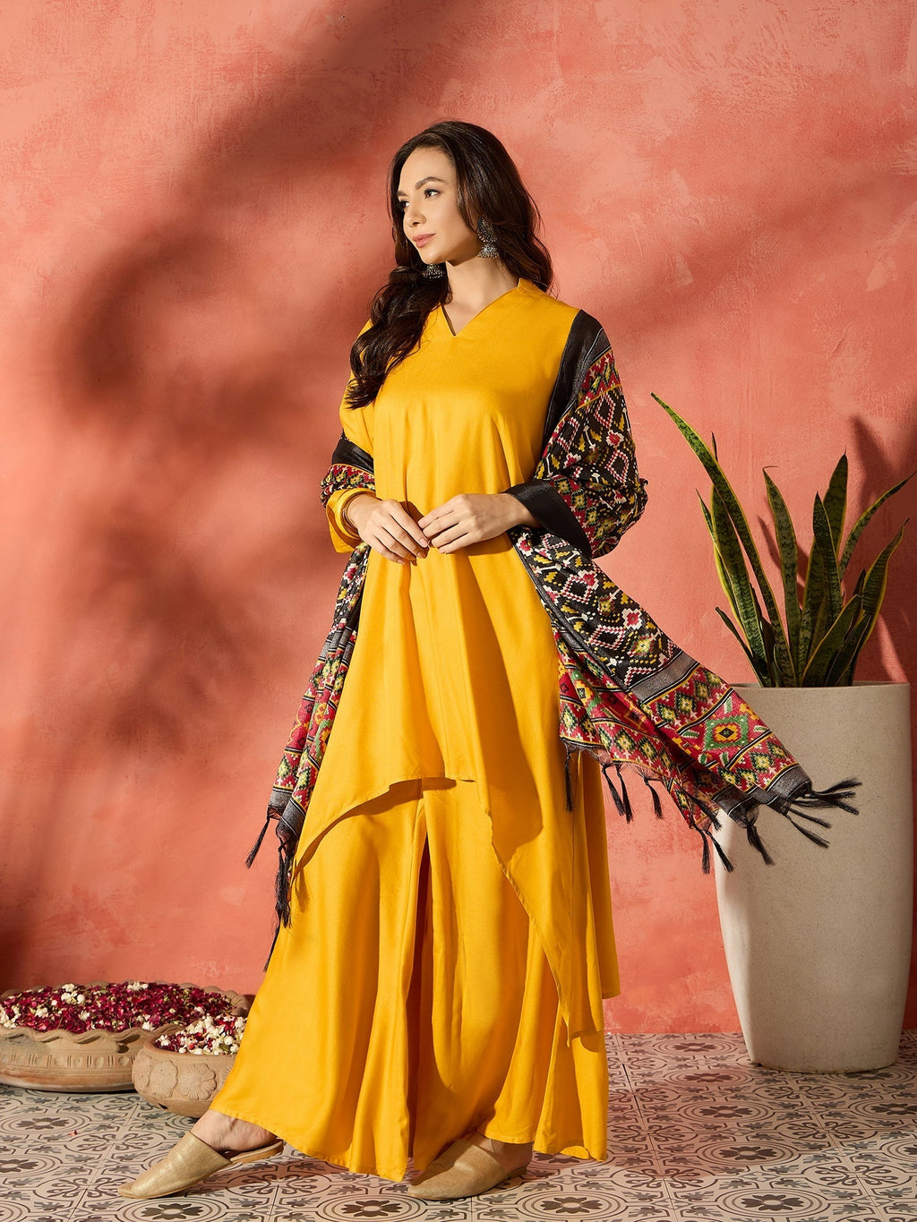 InWeave Mustard Mandarin Patola Kurta Set
