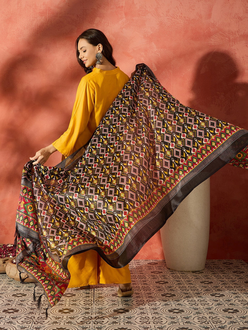 InWeave Mustard Mandarin Patola Kurta Set