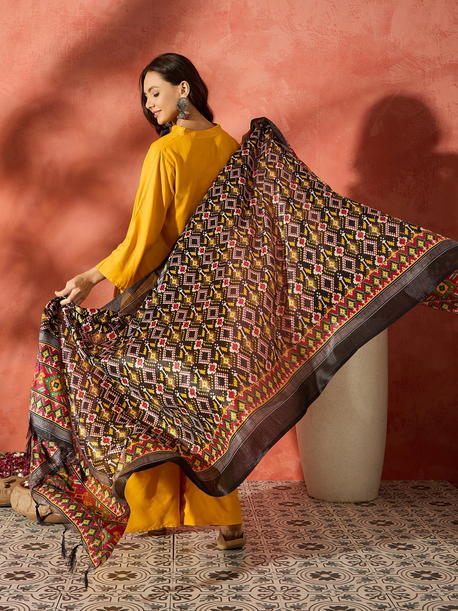 InWeave Mustard Mandarin Patola Kurta Set