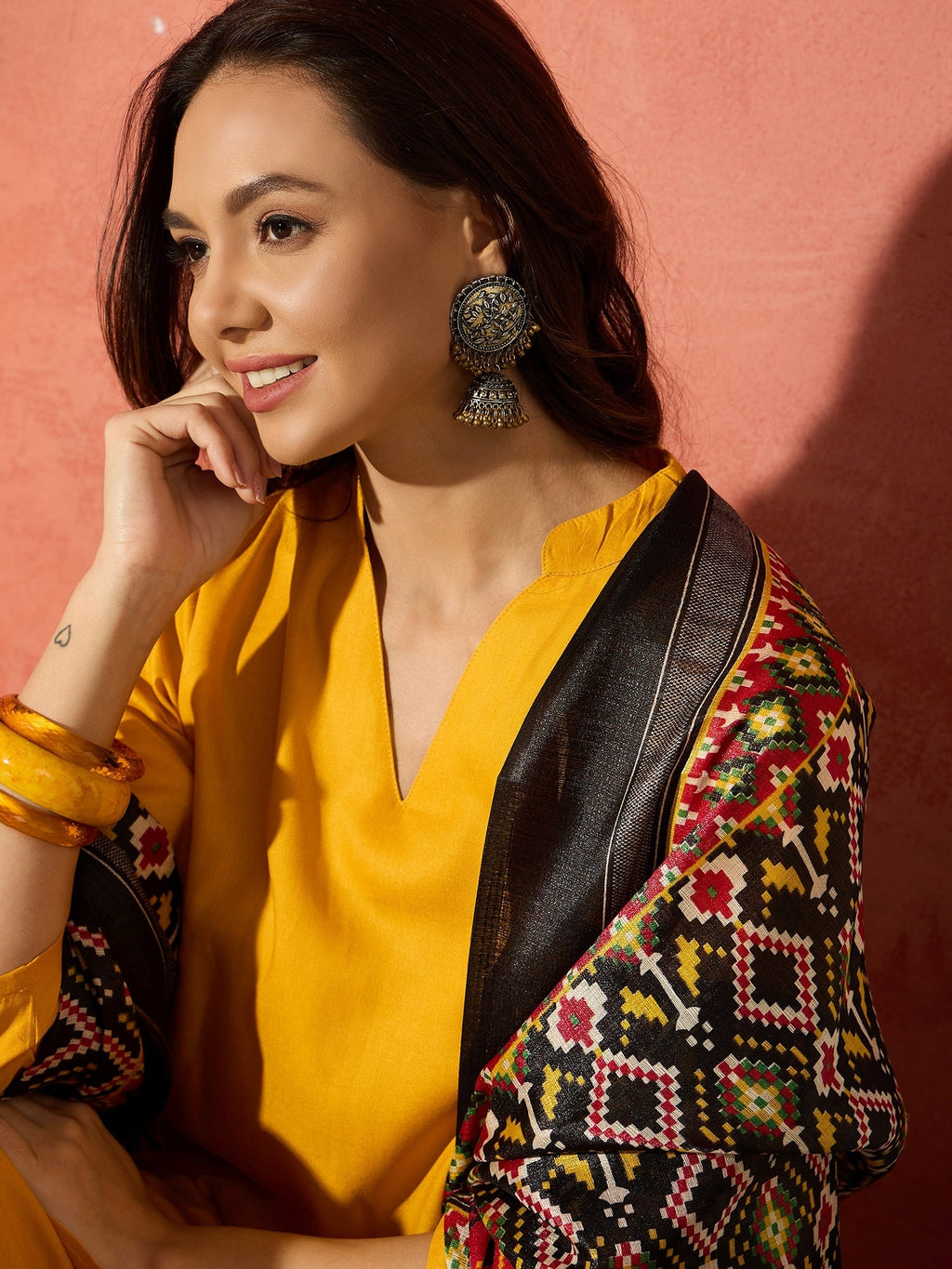 InWeave Mustard Mandarin Patola Kurta Set
