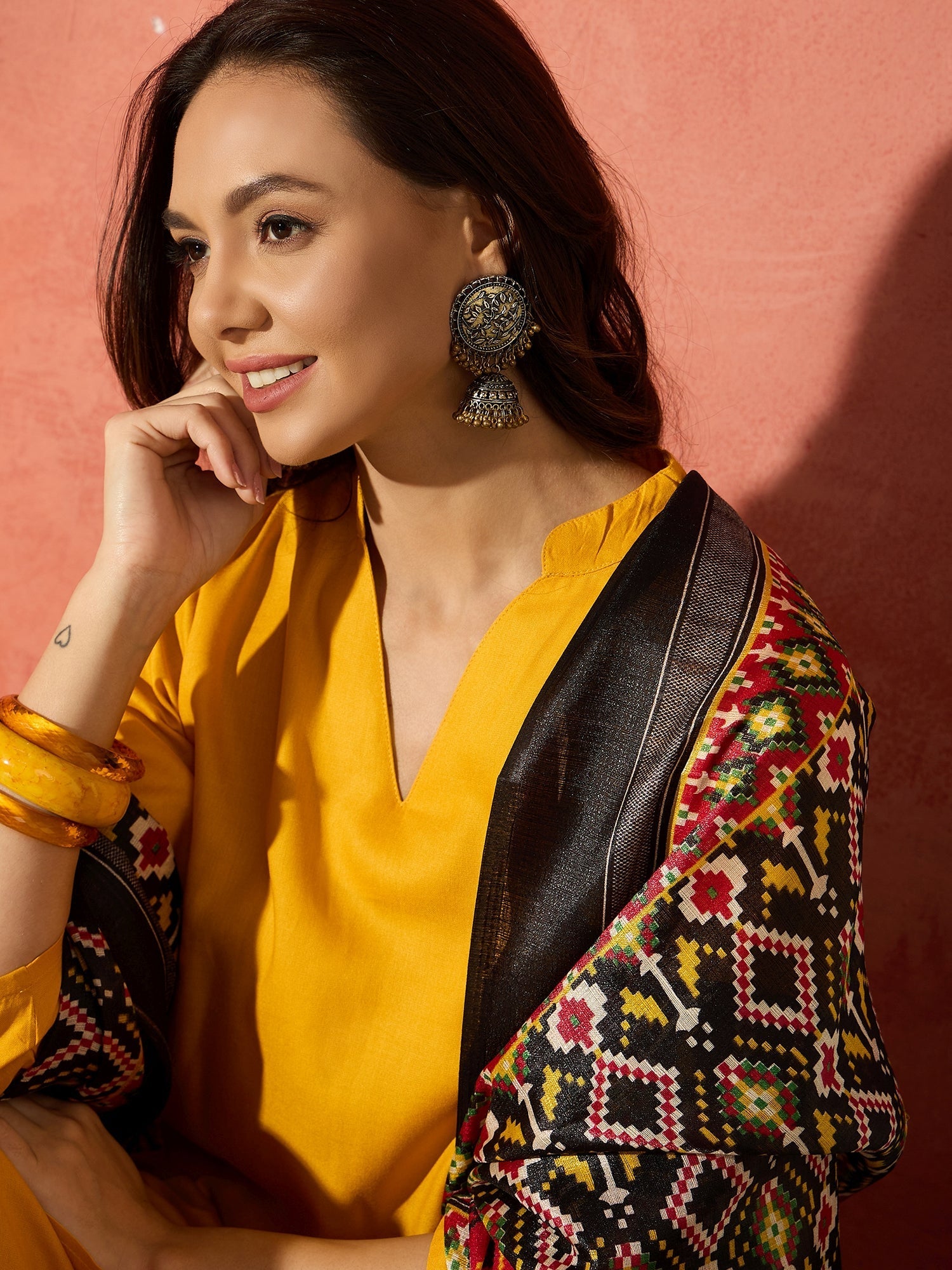 InWeave Mustard Mandarin Patola Kurta Set