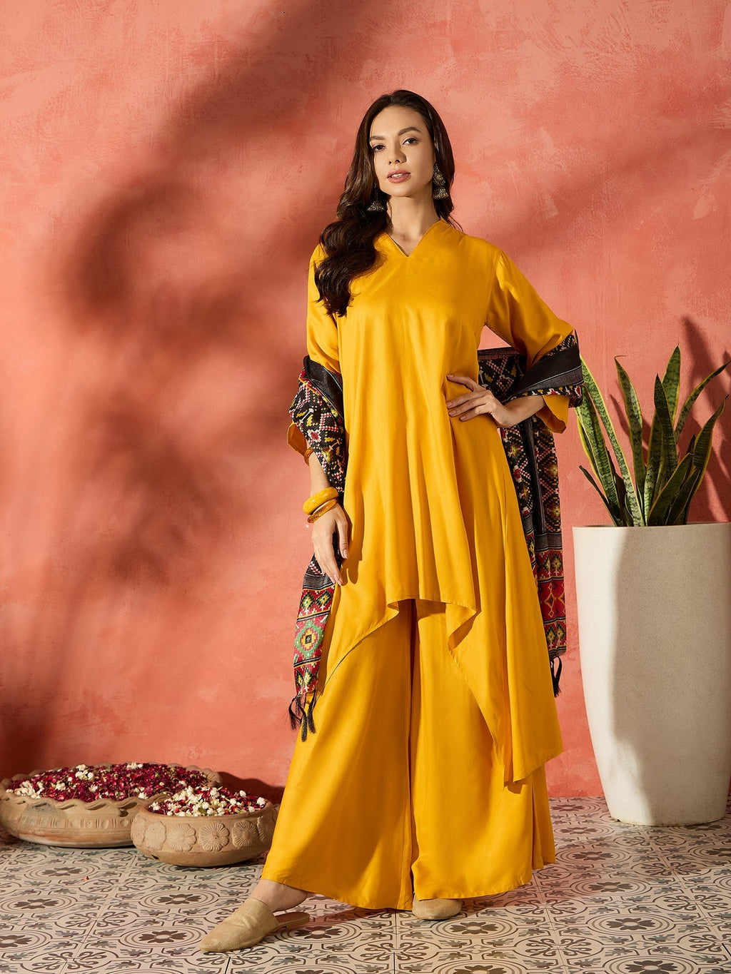 InWeave Mustard Mandarin Patola Kurta Set