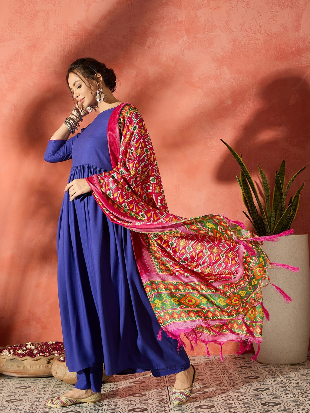 InWeave Ink Blue Anarkali Patola Kurta Set