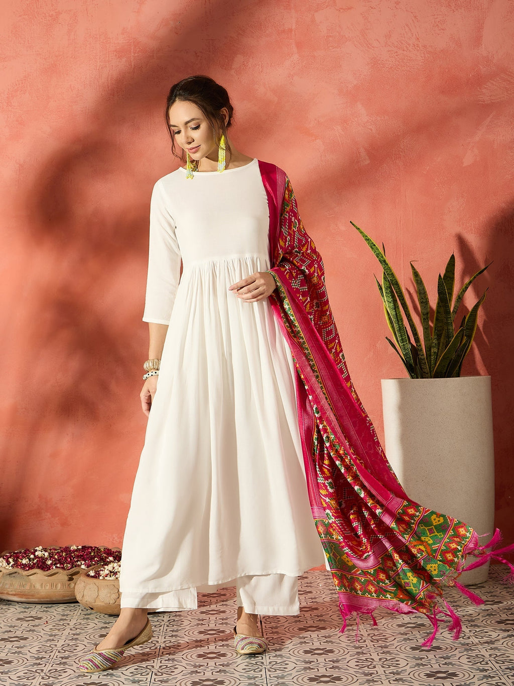 InWeave White Anarkali Patola Kurta Set