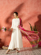 InWeave White Anarkali Patola Kurta Set