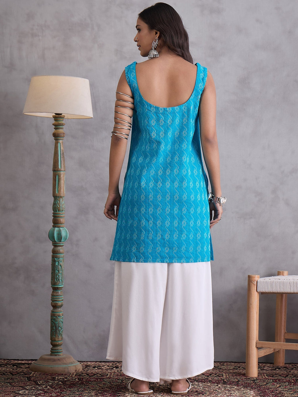 InWeave Cyan Blue Kantha Cream Palazzo Set