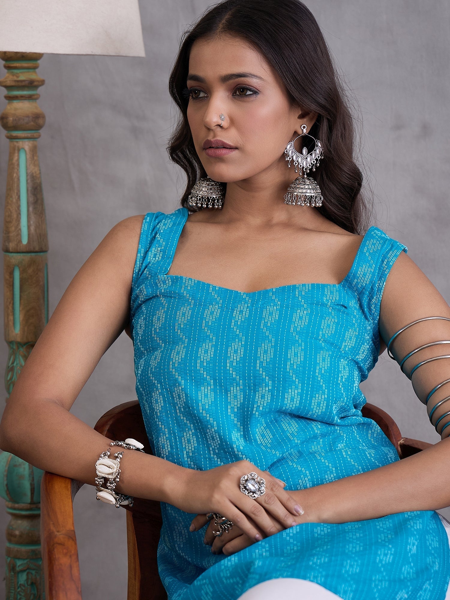 InWeave Cyan Blue Kantha Cream Palazzo Set