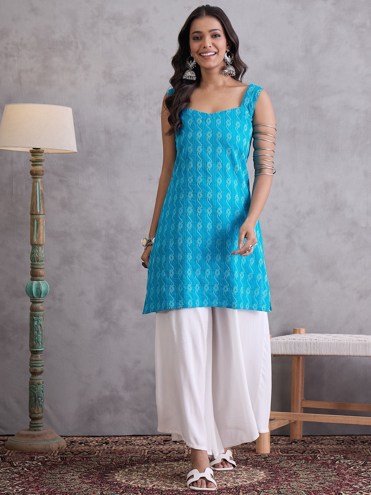 InWeave Cyan Blue Kantha Cream Palazzo Set