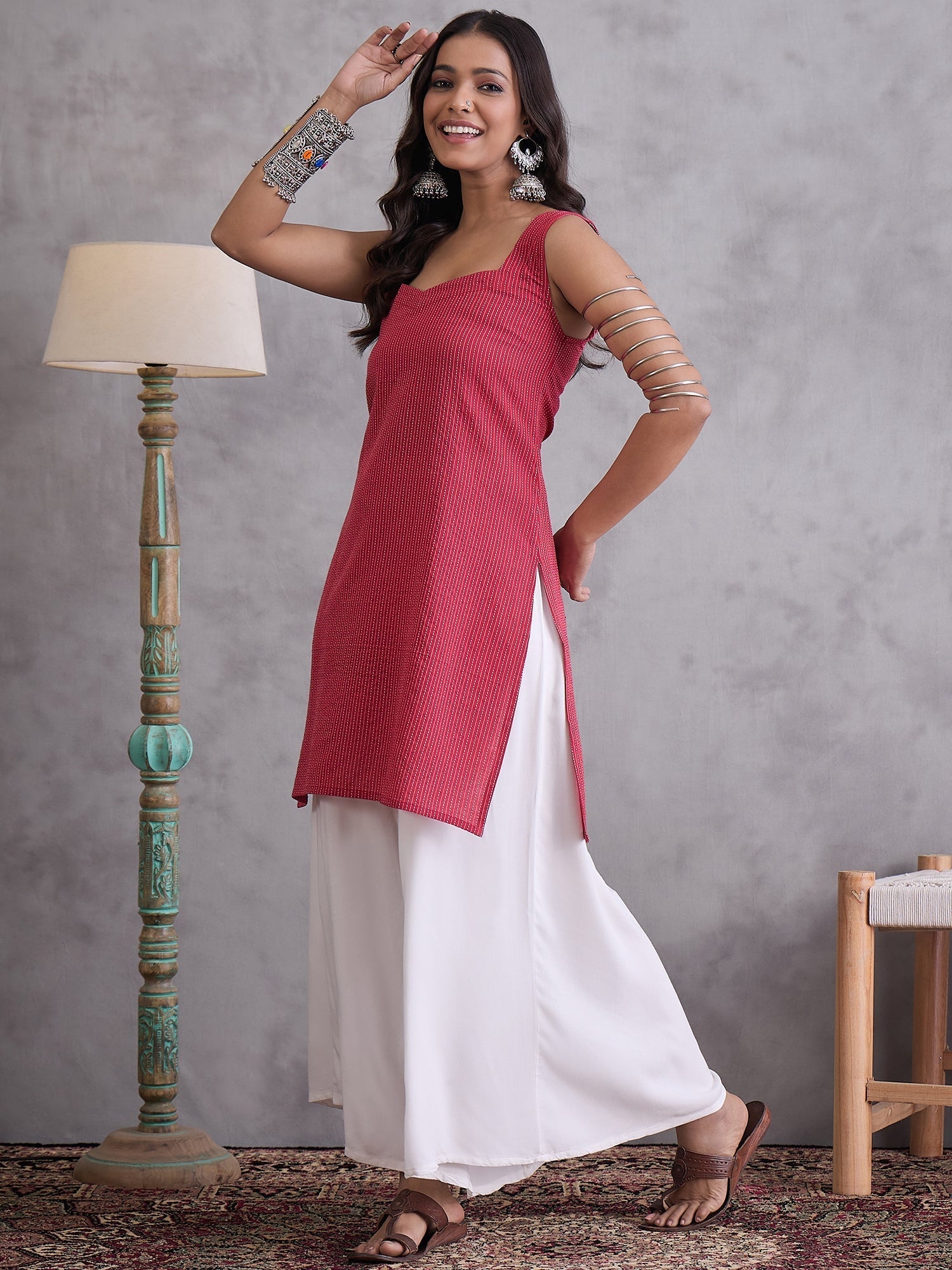 InWeave Maroon Kantha Cream Palazzo Set