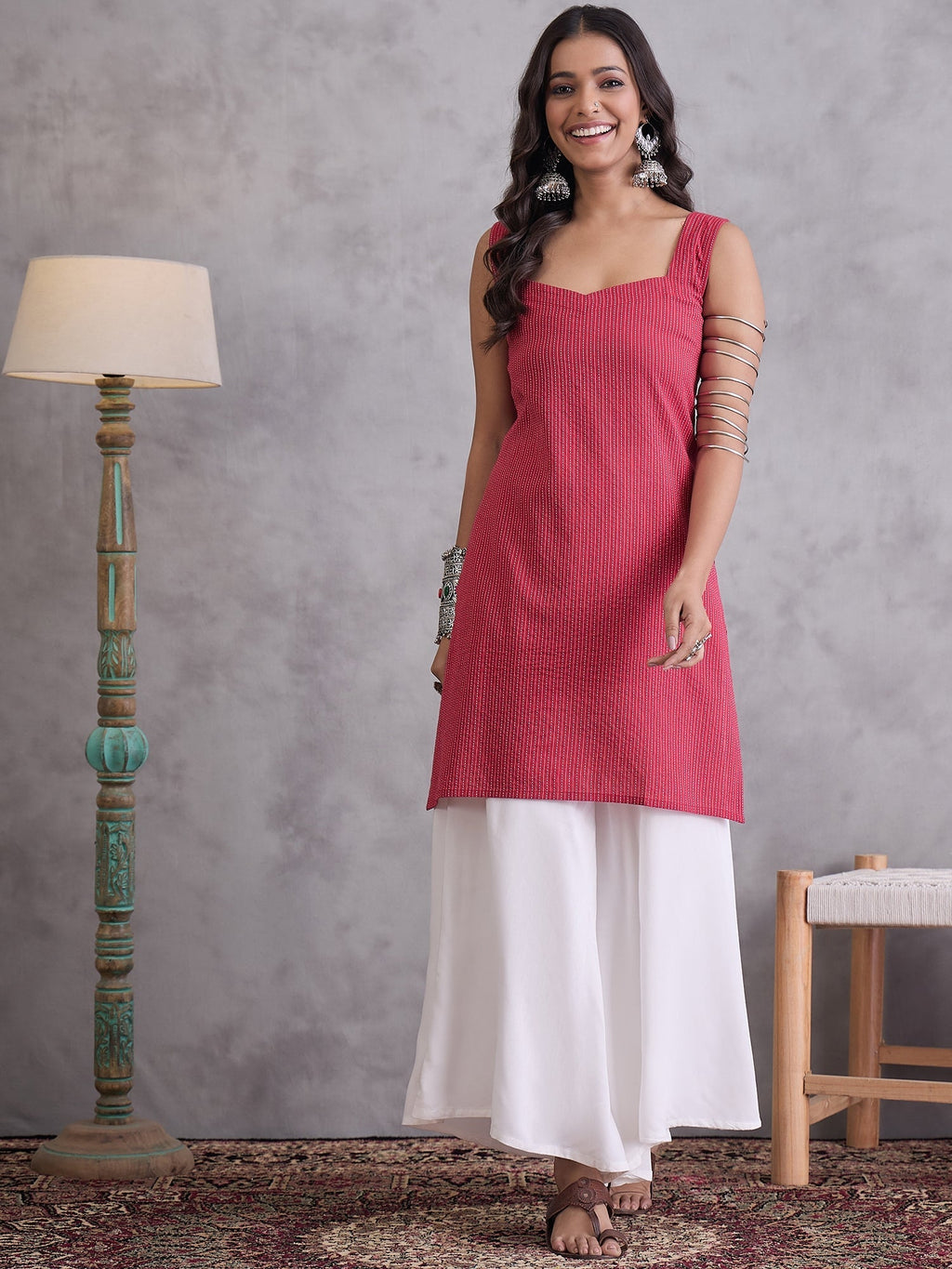 InWeave Maroon Kantha Cream Palazzo Set
