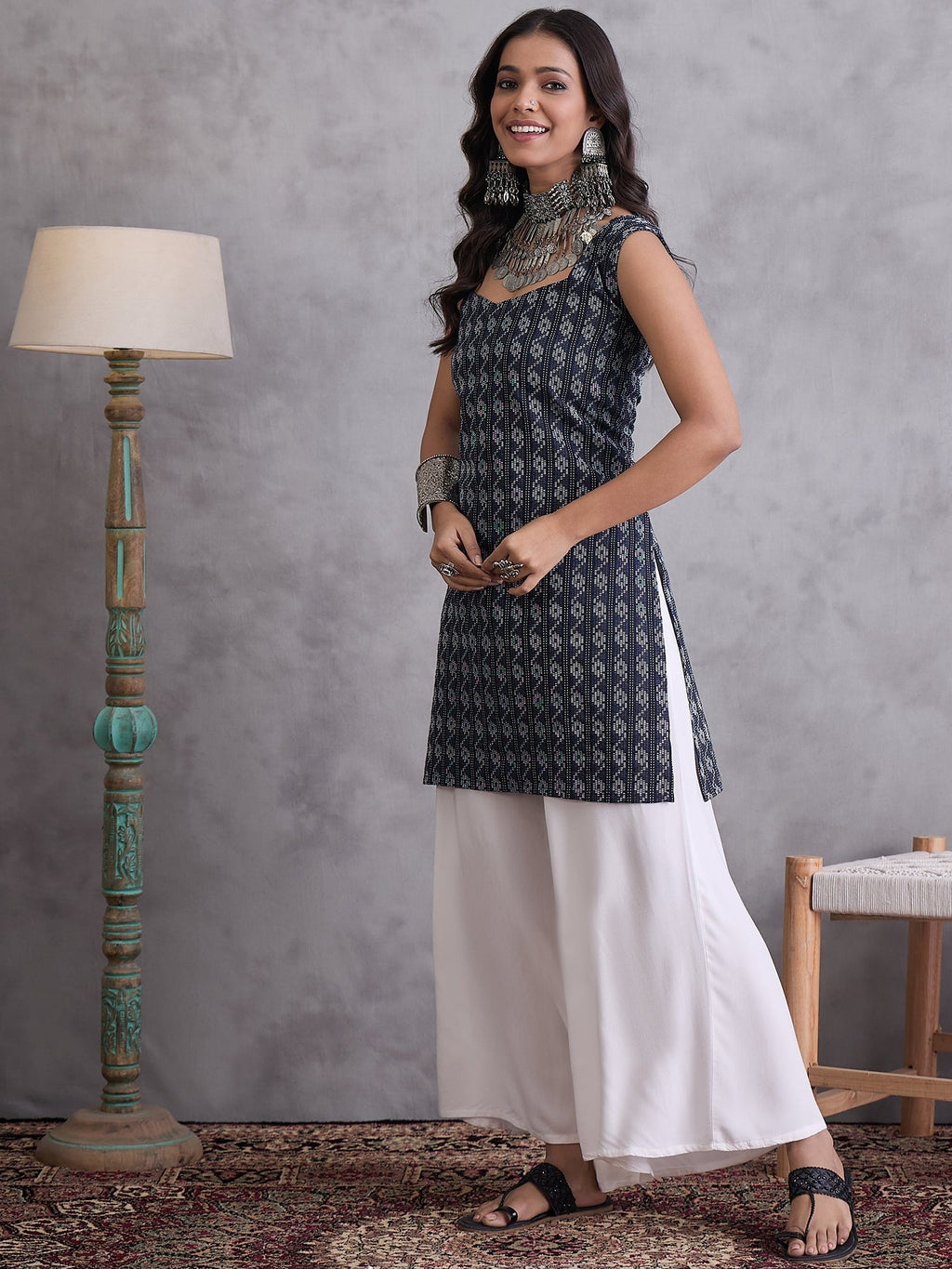 InWeave Black Kantha Cream Palazzo Set