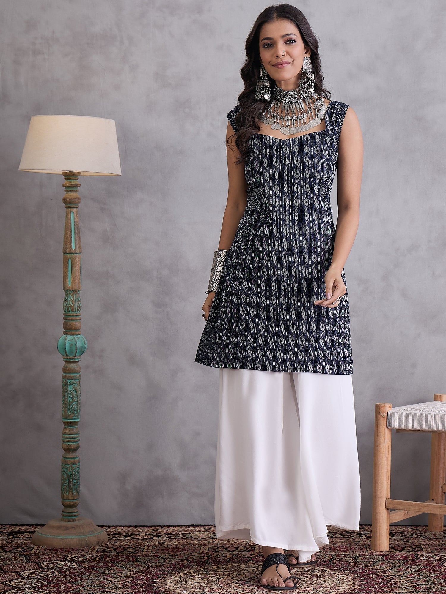 InWeave Black Kantha Cream Palazzo Set